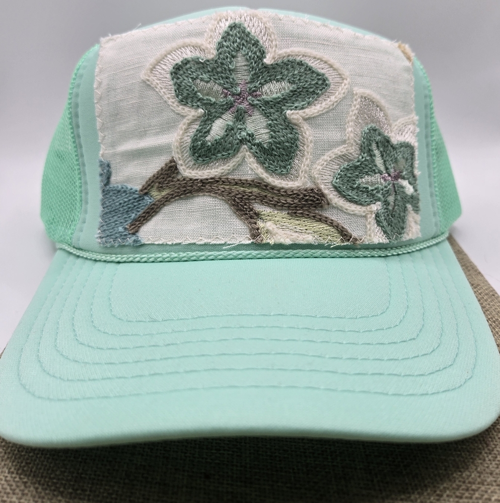 Mint Green Floral Embroidered Women's Cap